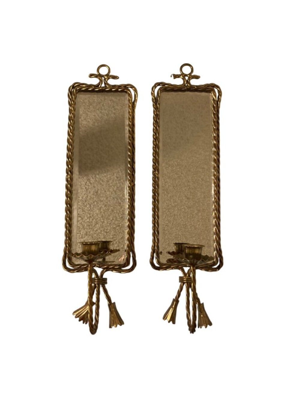 Vintage Hollywood Regency Gold Tone Twisted Rope Mirror Sconces Candle Holders - Picture 2 of 7
